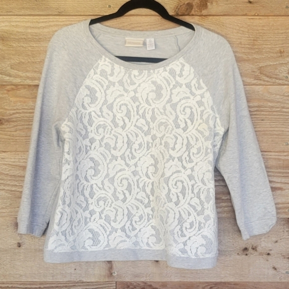 Chico's Gray Sweatshirt with Lace Overlay Size 0 (Small) - Picture 1 of 6